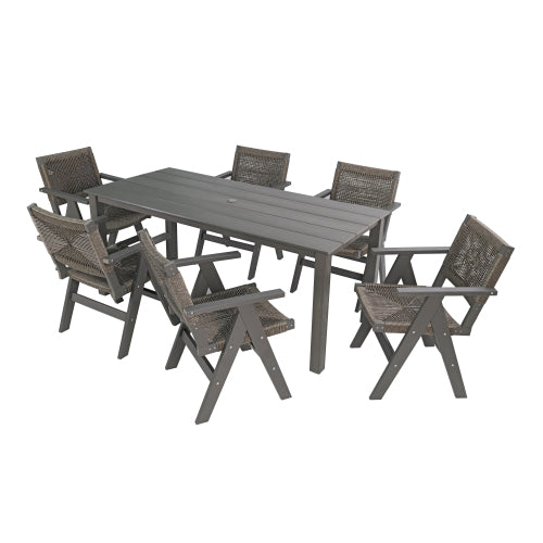 A wooden-textured imitation wood dining table, simple yet with a high quality feel. It has a small tabletop and is perfect for outdoor picnics. Charcoal gray, 68.9 inches.