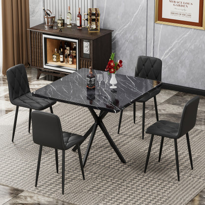 5-Piece Black Square Dining Set, Faux Marble Top & 4 Armless Chairs