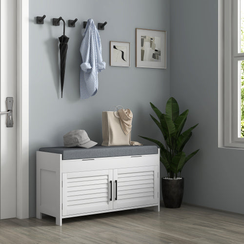 Shoe Bench, Entryway Bench with Shoe Storage, Cushion, Hidden Compartments, Adjustable Shelves and Shutter Doors, 35.4inch  Shoe Organizer for Entryway, Hallway, Holds Up to 352 lbs., White