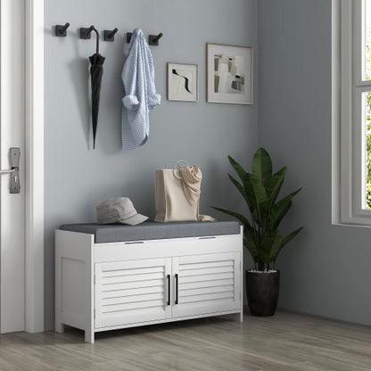 Shoe Bench, Entryway Bench with Shoe Storage, Cushion, Hidden Compartments, Adjustable Shelves and Shutter Doors, 35.4inch  Shoe Organizer for Entryway, Hallway, Holds Up to 352 lbs., White