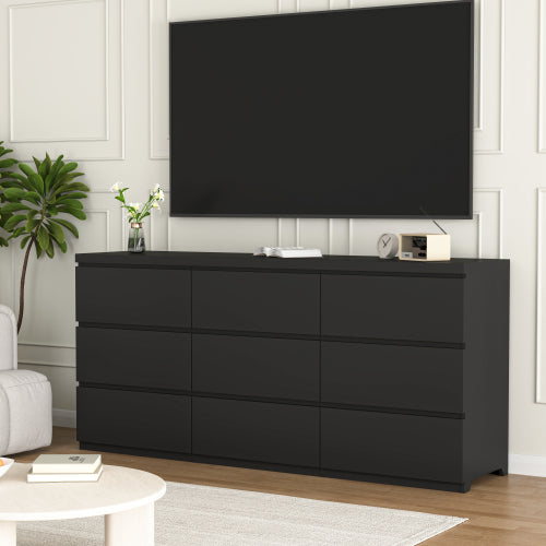 9 Drawer Dresser with No Handle Design, Modern Black Matte Wood Dresser for Bedroom, Storage Chest of Drawers for Living Room, Hallway, Entryway