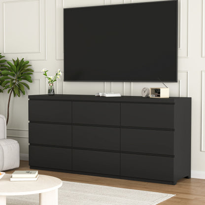 9 Drawer Dresser with No Handle Design, Modern Black Matte Wood Dresser for Bedroom, Storage Chest of Drawers for Living Room, Hallway, Entryway