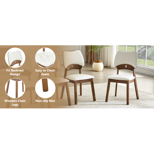 Set of 2 Walnut Wood Dining Chairs, White PU Upholstered Hollow Back Kitchen Chairs