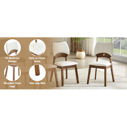 Set of 2 Walnut Wood Dining Chairs, White PU Upholstered Hollow Back Kitchen Chairs