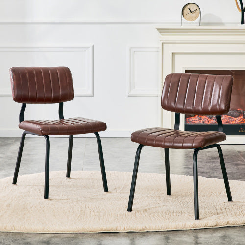 Channel Tufted Faux Leather Dining Chairs with Metal Legs, Set of 2, Brown
