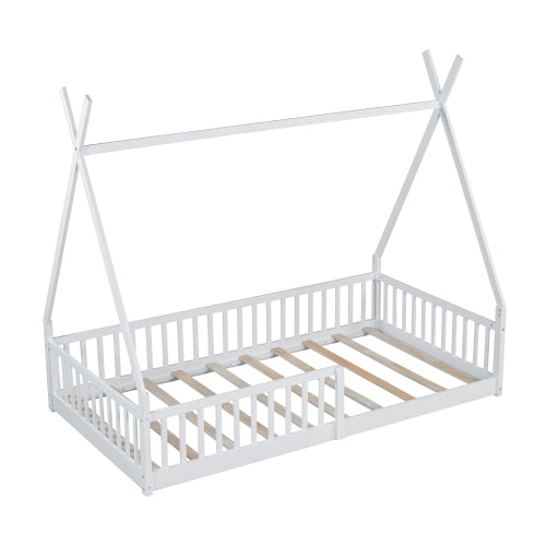 Twin Size Wood House Bed with Fence, White