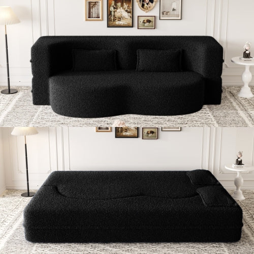Black Convertible Sherpa-Fleece Full-Size Floor Sofa-Bed 15 inch  Height with 2 Pillows No-Assembly