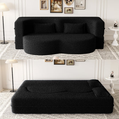 Black Convertible Sherpa-Fleece Full-Size Floor Sofa-Bed 15 inch  Height with 2 Pillows No-Assembly