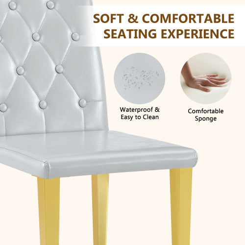 Set of 2 Light Grey PU Dining Chairs, Ergonomic Buckle Backrest, Gold Metal Legs, 35 inch  High