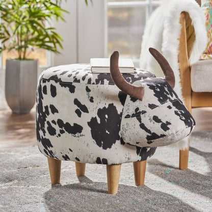 Black & White Cow Shaped Animal Ottoman, Fabric Footstool with Velvet Horns & Natural Birch Legs for Indoor & Outdoor Decor