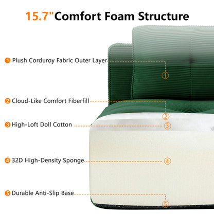 82 inch  Green L-Shaped Corduroy Modular Sofa, Movable Ottoman, No Assembly Required