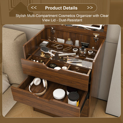 Walnut 3-in-1 Flip-Top LED Vanity Desk 23 inch L, HD Shatter Resistant Mirror & Storage Stool
