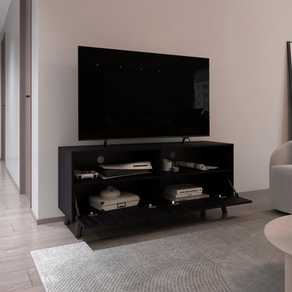 65 Inch Black Modern Patrick TV Stand with Dual Closed Doors & Central Open Storage Shelf