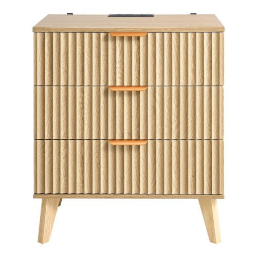 Khaki Mid-Century Fluted Nightstand with Charging Station