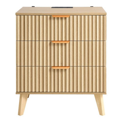 Khaki Mid-Century Fluted Nightstand with Charging Station