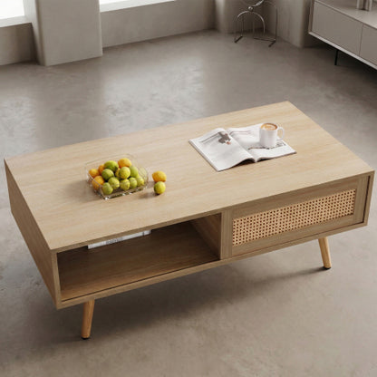 41.34inch  Rattan Rectangular Coffee Table with Sliding Door, Natural