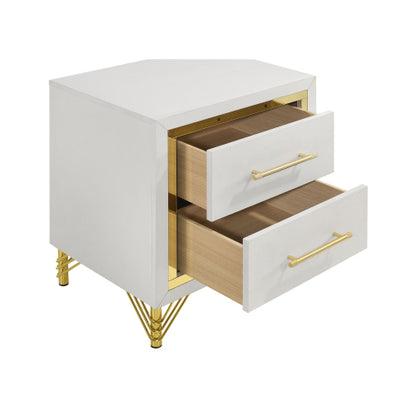 White 2-Drawer Nightstand with Gold Trim, MDF & Melamine