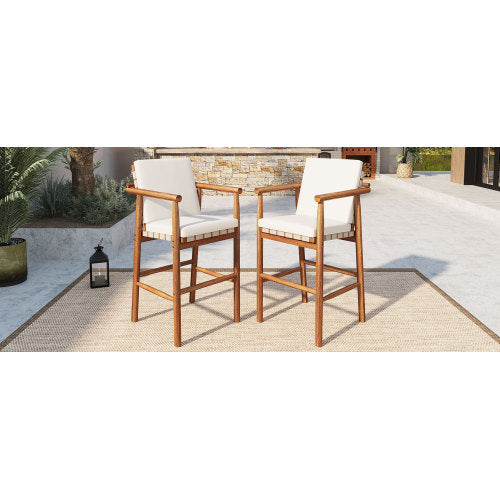 Outdoor Counter Height Bar Stools Chair Set of 2, Modern Patio Acacia Wooden Stools with Backrest Arm and Webbing Seat, for Patio, Pool, Garden, Beige Cushions Included
