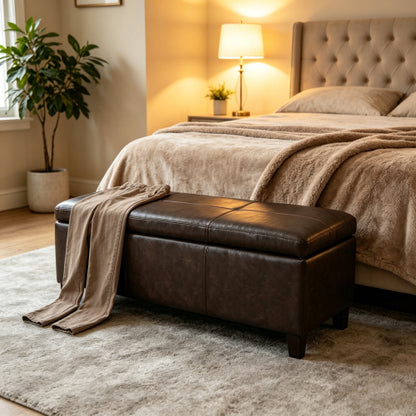 Distressed Brown Vegan Leather Storage Ottoman Bench, 50.25 Inch Assembled Entryway Bench with Safety Hinge