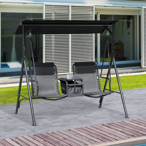Outsunny 2-Seat Patio Swing Chair, Outdoor Canopy Swing Glider with Pivot Storage Table, Cup Holder, Adjustable Shade, Bungie Seat Suspension and Weather Resistant Steel Frame, Black