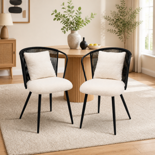 PE Rattan Dining Armchairs with Teddy Cushions and Pillows, Set of 2, Black