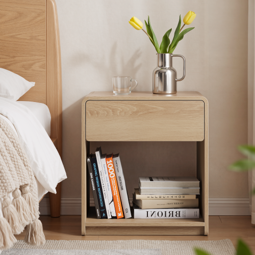 Set of 2 Mid Century Modern Nightstands with Drawer and Open Shelf