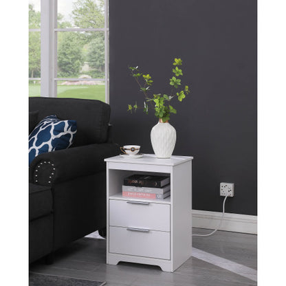 White Wooden Nightstand with Charging Station, 2 Drawers & Open Shelf Modern Side Table