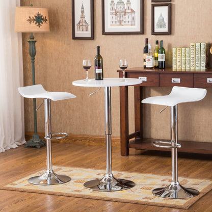 White Adjustable Height Wood and Chrome Metal Bar Table and 2 Chrome Air Lift Adjustable Swivel Stools Set