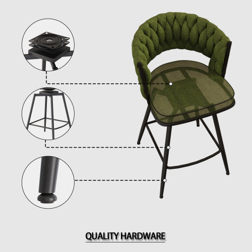 26inch Bar Chair Linen Woven Bar Stool Set of 2,Black legs Barstools No Adjustable Kitchen Island Chairs,360 Swivel Bar Stools Upholstered Bar Chair Counter Stool Arm Chairs with Back Footrest (Green)