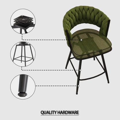 26inch Bar Chair Linen Woven Bar Stool Set of 2,Black legs Barstools No Adjustable Kitchen Island Chairs,360 Swivel Bar Stools Upholstered Bar Chair Counter Stool Arm Chairs with Back Footrest (Green)