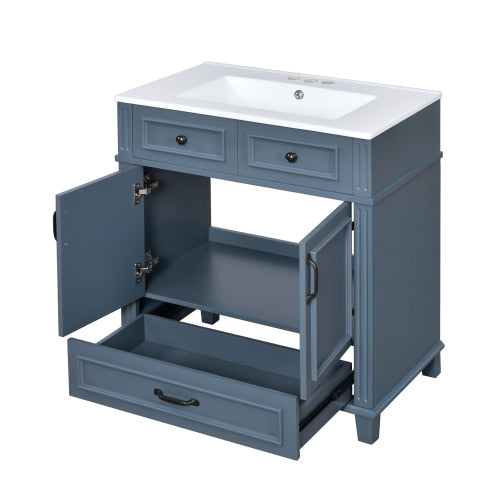 30'' Bathroom Vanity with Ceramic Sink,Solid Wood Frame Bathroom Storage Cabinet with Soft Closing Doors,Retro Style, Blue