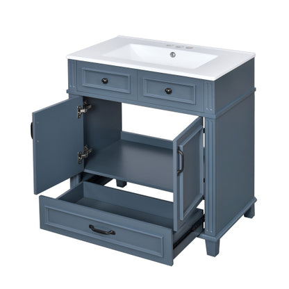 30'' Bathroom Vanity with Ceramic Sink,Solid Wood Frame Bathroom Storage Cabinet with Soft Closing Doors,Retro Style, Blue