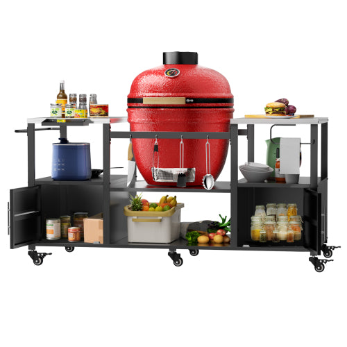 Outdoor Grill Table for Big Green Egg Style BBQ, Metal Grill Cart with Storage Box, Compatible with up to Large Green Egg, Kamado Joe Jr
