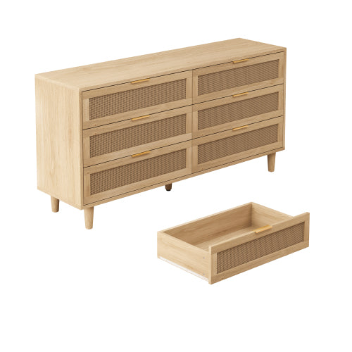 Natural Tone 6-Drawer Rattan Storage Cabinet Anti-Tipping Design Household Bedroom Living Room Multi-Functional Drawer Chest