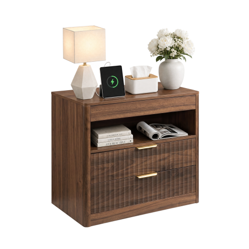 Walnut Nightstand with 2 Drawers, Open Shelf, Outlet and Pull-Out Tray