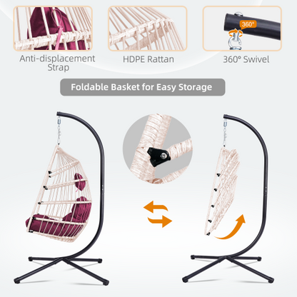 Outdoor Egg Hanging Chair with Stand, Patio Wicker Swing Egg Chair Indoor Swinging Chair Outdoor Hammock Egg Chair. Rose red
