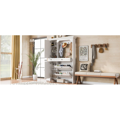 54.7 inch Hall Tree with Integrated Shoe Cabinet and Mirrored Cabinet Door, Coat Hanger, Entryway Bench, 4-in-1 Design, 2 Flip Drawers, 4 Hooks and 2 Cabinets for Entrance,Living Room