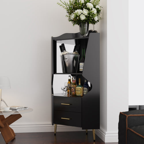 Wooden Corner bar cabinet with 2 open storage shelves and 2 drawers, mirrored back sideboard cabinet, high feet/legs for easy cleaning, buffet cabinet BLACK