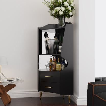 Wooden Corner bar cabinet with 2 open storage shelves and 2 drawers, mirrored back sideboard cabinet, high feet/legs for easy cleaning, buffet cabinet BLACK