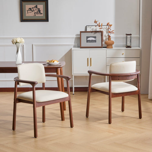 Set of 2 Beige PU Foam Dining Chairs, Dark Walnut Rubber Wood Frame 300lbs Weight Capacity