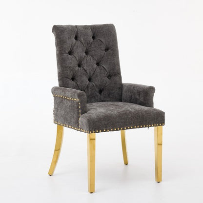 Tufted Chenille Dining Armchair with Nailhead Trim and Steel Legs, Gray