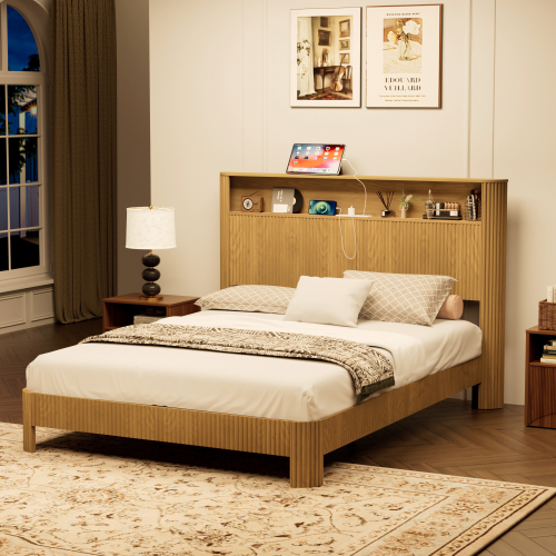 Queen Size bed frame with storage headboard, built-in charging station, wavy curved lines design, silent operation, metal support, Natural