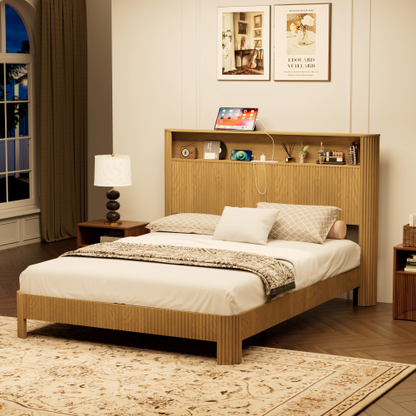 Queen Size bed frame with storage headboard, built-in charging station, wavy curved lines design, silent operation, metal support, Natural