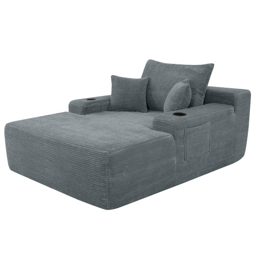 Grey Convertible Corduroy Boneless Chaise Lounge Sleeper Sofa-Bed with Cup-Holder Wide Armrest & Throw Pillows No-Assembly