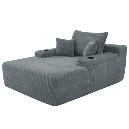 Grey Convertible Corduroy Boneless Chaise Lounge Sleeper Sofa-Bed with Cup-Holder Wide Armrest & Throw Pillows No-Assembly