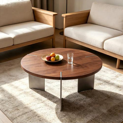 Round Coffee Table, Walnut Wood Top with Black Metal Feet, Eco-Friendly Formaldehyde-Free Accent Table