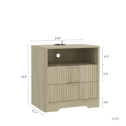 Wood Smart Nightstand, 7-Color Voice Control Night Light & Built-In Charging Station