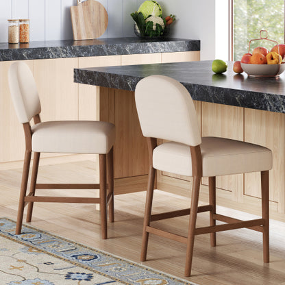 26inch  Seat Height Fabric & Rubberwood Bar Stool, Beige Upholstery with Adjustable Floor Leveler, Spacious Seat for Kitchen Island(Beige,set of 2)