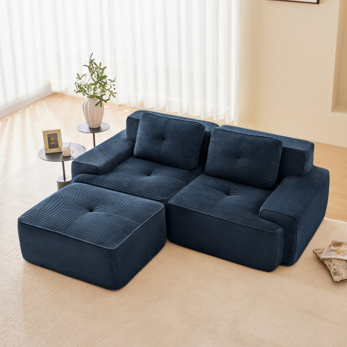 82 inch  Blue Corduroy L-Shape Modular Sofa, Movable Ottoman, No Assembly