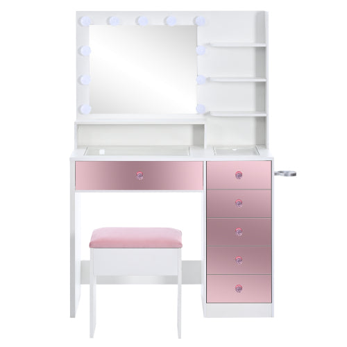 Vanity Desk with Glass Top and 11 Hollywood Bulbs, 3 Color Lighting Modes, Makeup Vanity with Pink Finish Drawers & Shelves, White Vanity Table with Stool for Bedroom